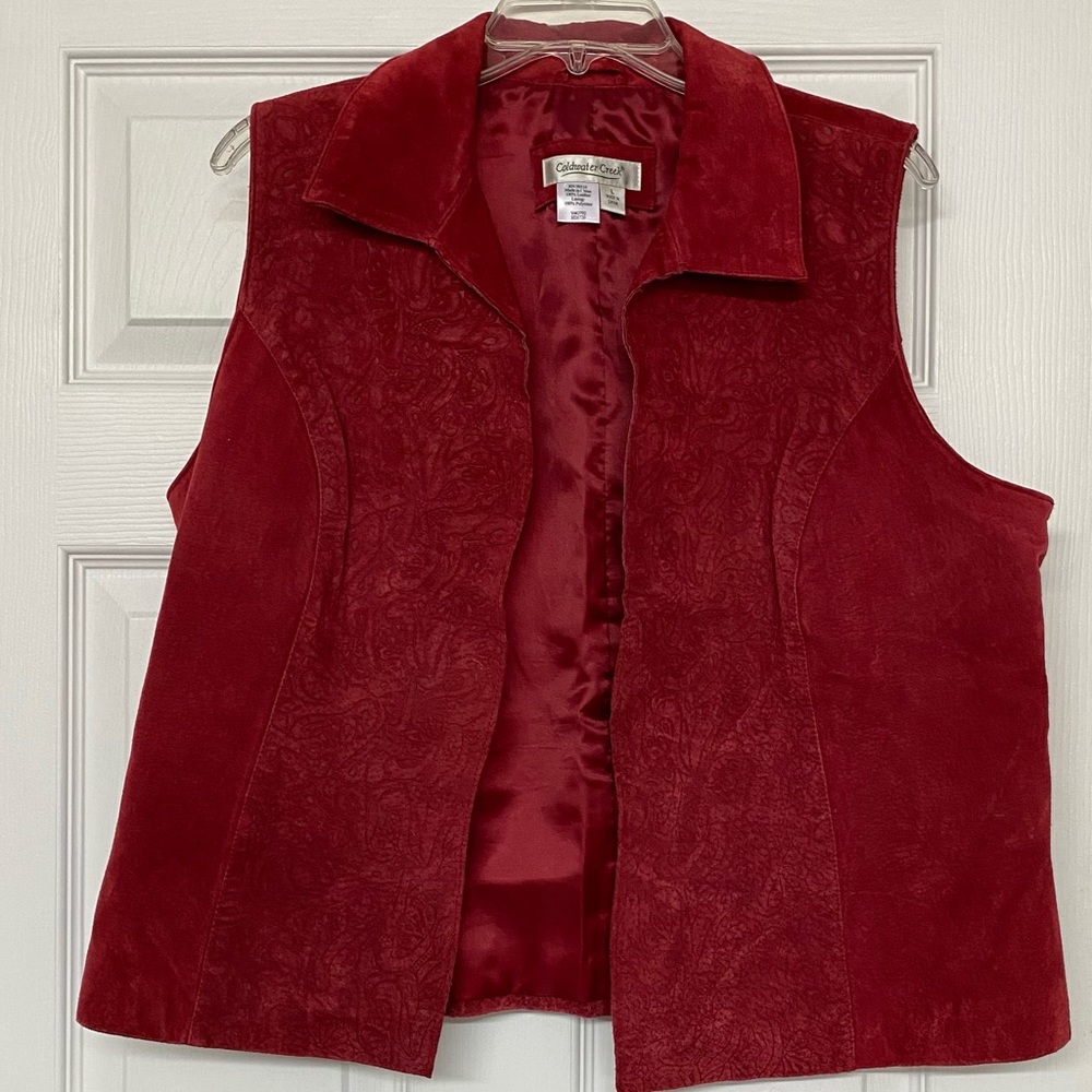 Coldwater Creek Red 100% Leather Suede Laser Cut Open Front Vest Sz L